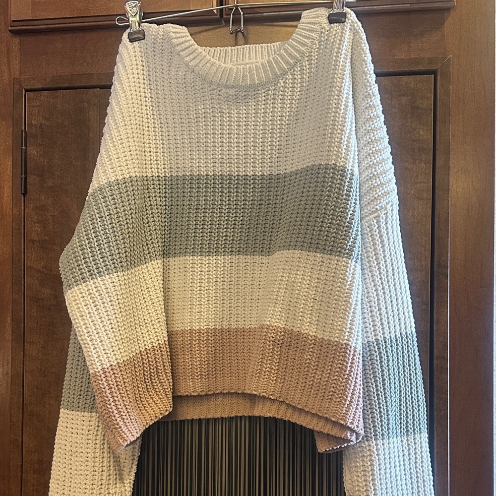 Francesca's Collections Striped Sweater - Cream, Green, Tan